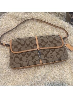 Coach Signature Canvas Shoulder Bag in Brown with Tan Trim